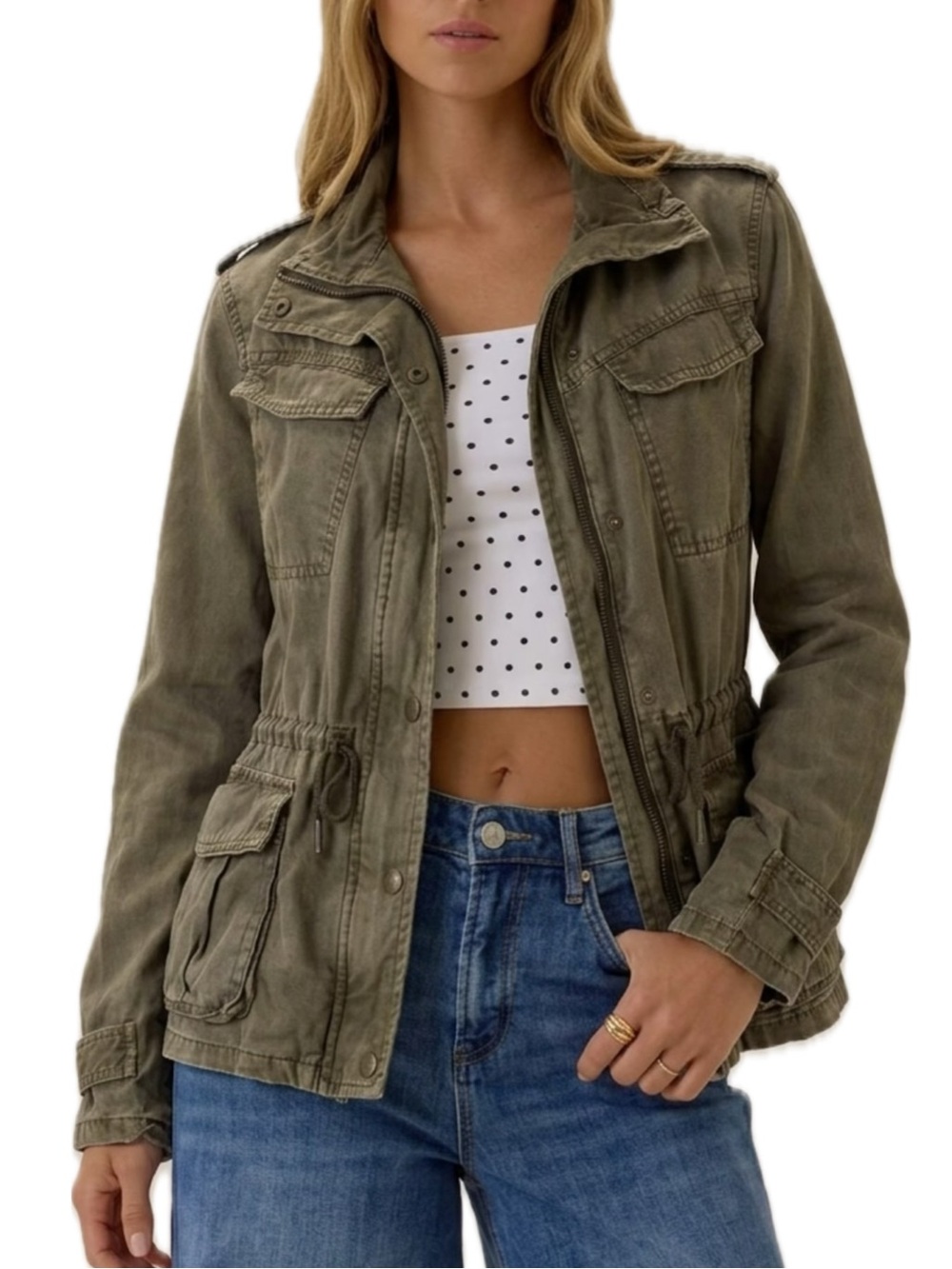 Aritzia Talula Utility Cargo Pocket Jacket Size Small Olive Zip Lyocell Anorak